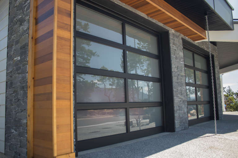 Glass Garage Doors with Stone Veneer